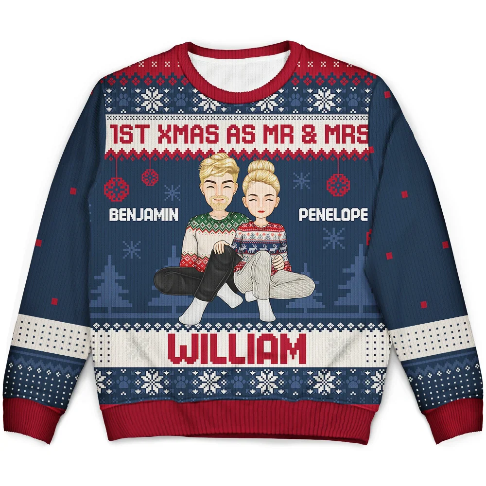 1st Xmas As Mr & Mrs Cartoon Couple - Personalized Unisex Ugly Sweater