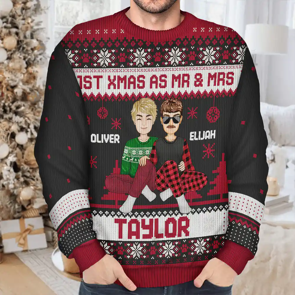 1st Xmas As Mr & Mrs Cartoon Couple - Personalized Unisex Ugly Sweater - Image 4