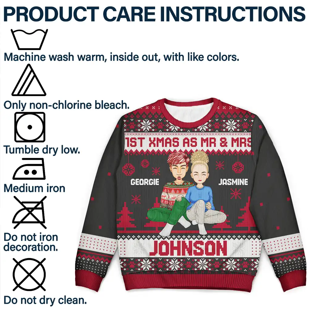 1st Xmas As Mr & Mrs Cartoon Couple - Personalized Unisex Ugly Sweater - Image 7