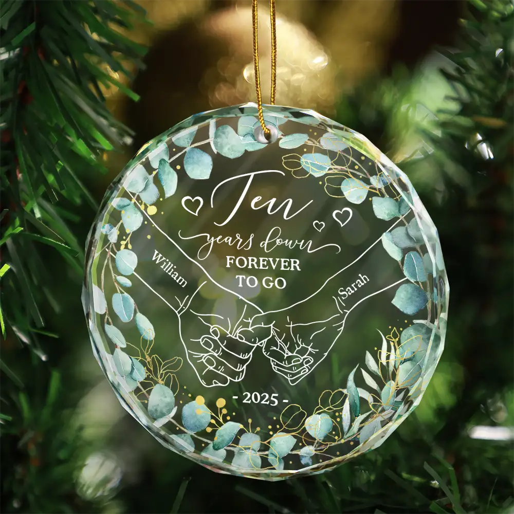 1st Year Anniversary 1 Year Down Forever To Go Holding Hands - Personalized Circle Glass Ornament - Image 3