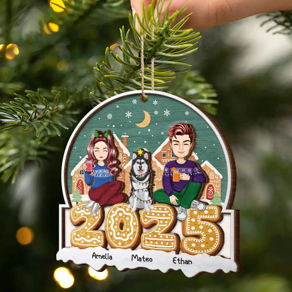 2025 Cartoon Family And Pet Gingerbread Cookies - Personalized 2-Layered Wooden Ornament - Image 2