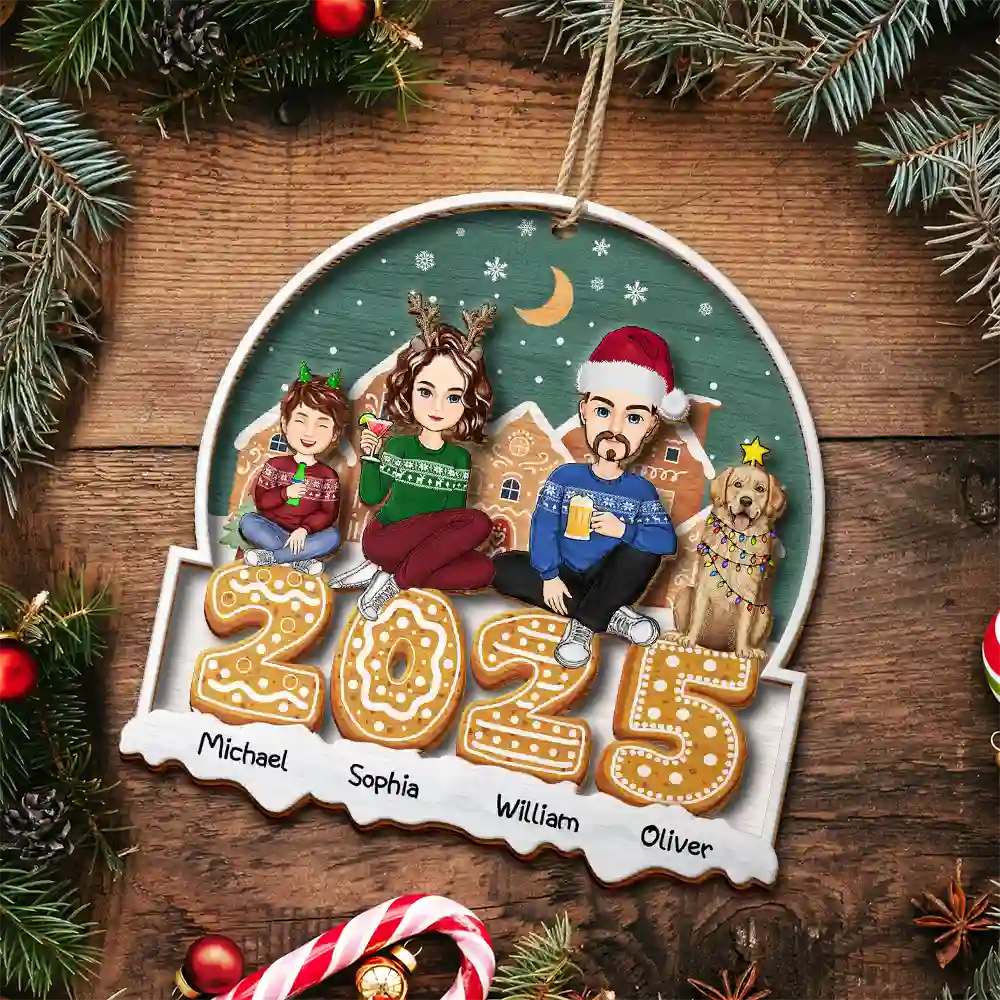 2025 Cartoon Family And Pet Gingerbread Cookies - Personalized 2-Layered Wooden Ornament - Image 4
