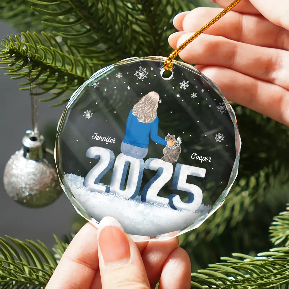 Christmas Loving Couple Dog Cat - Personalized Circle Glass Ornament - Image 2