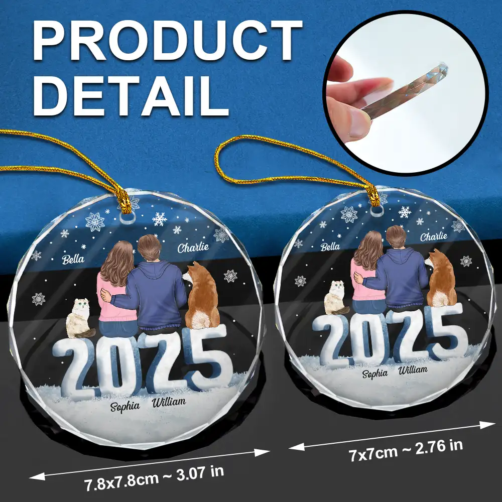Christmas Loving Couple Dog Cat - Personalized Circle Glass Ornament - Image 6