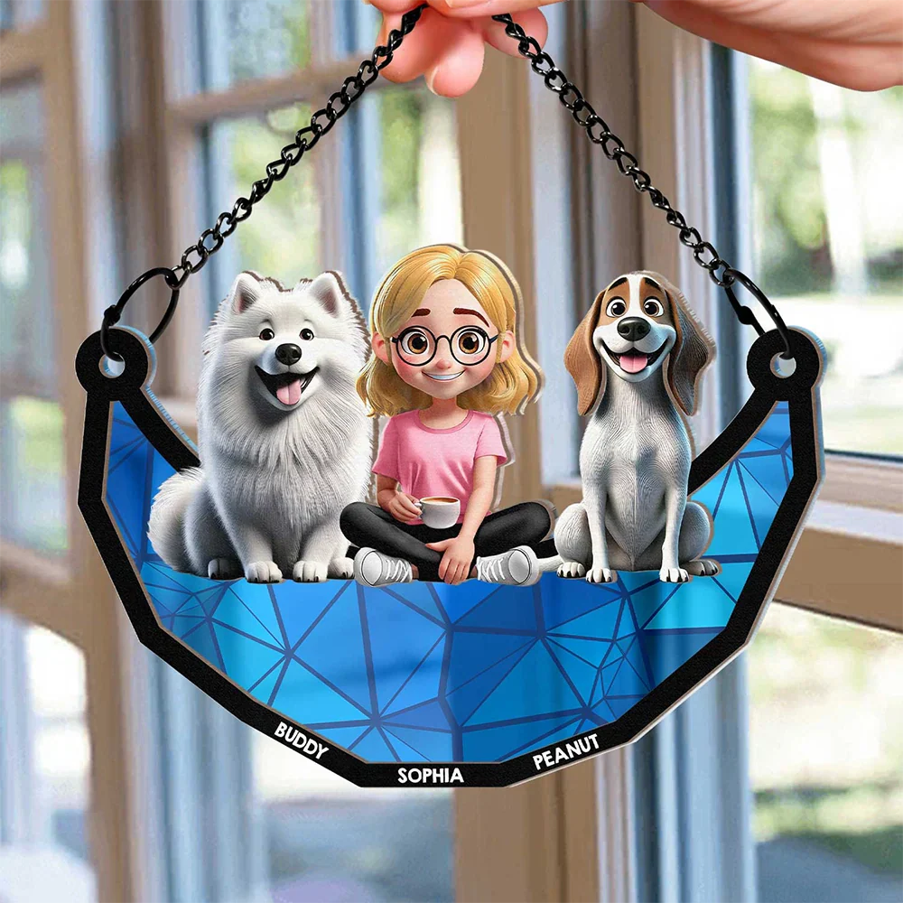 3D Cartoon Dog And Women Sit On The Moon - Personalized Window Hanging Suncatcher Ornament - Image 2