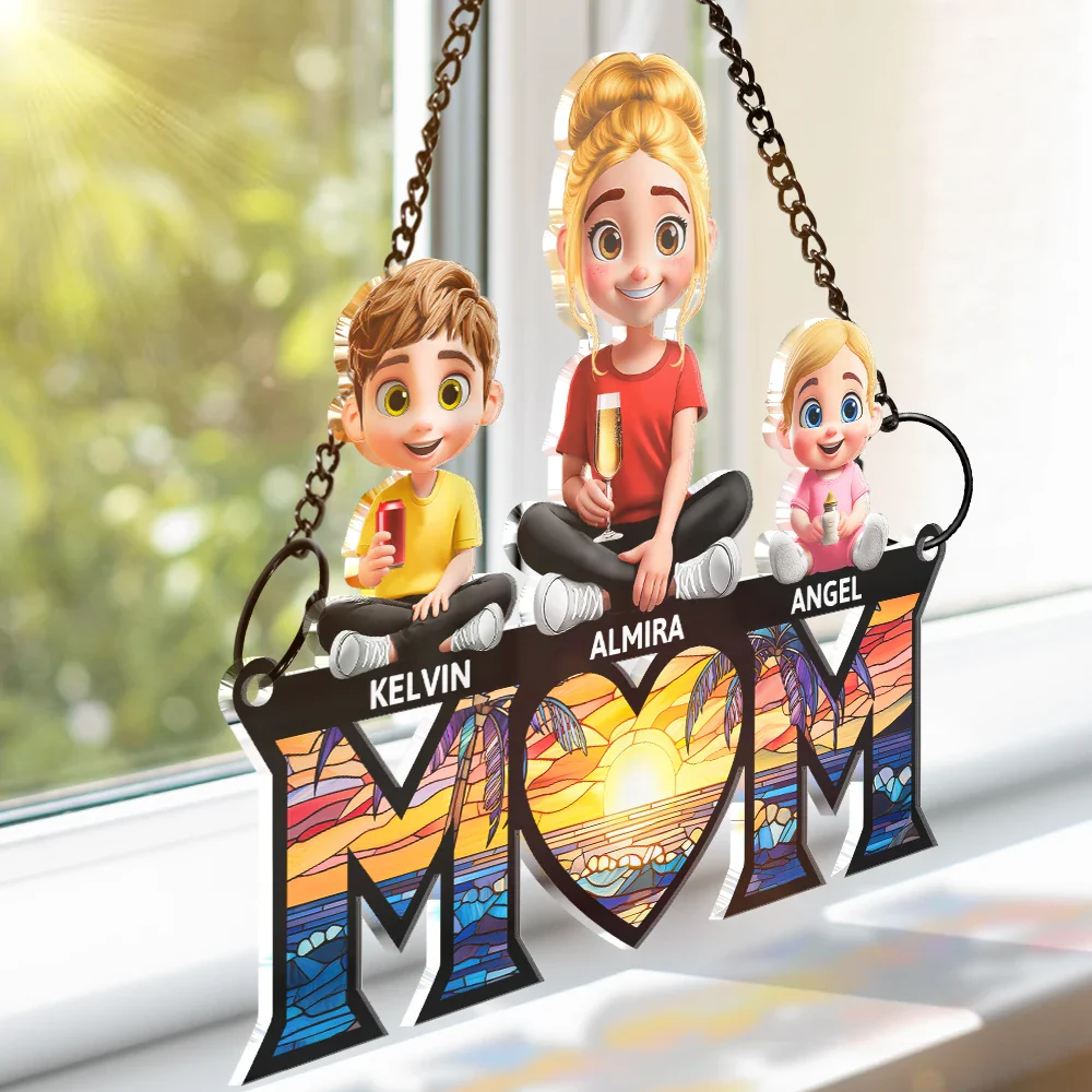 3D Cartoon Young Mom and Kids - Personalized Window Hanging Suncatcher Ornament - Image 3
