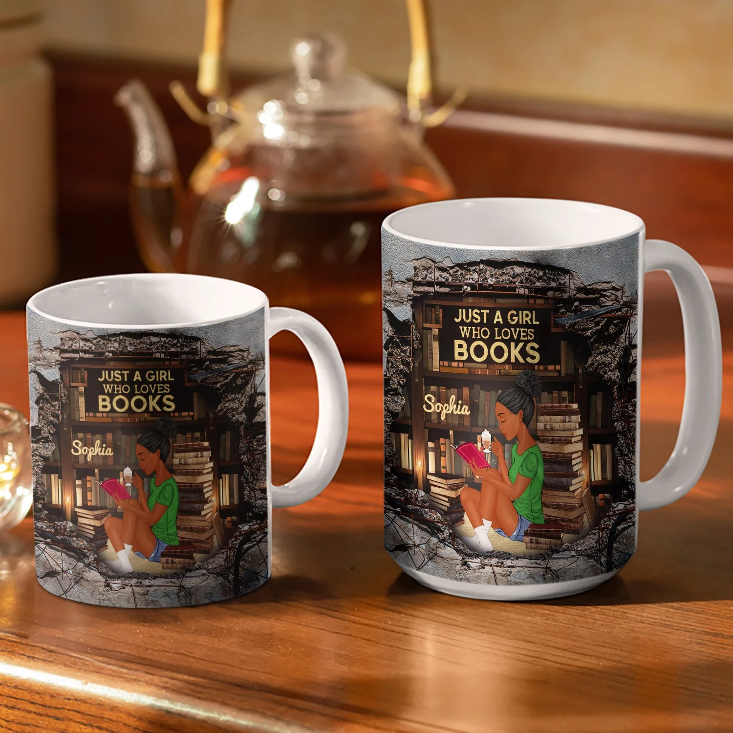 3D Cracked Wall Reading Girl - Gift For Book Lovers - Personalized White Edge-to-Edge Mug - Image 3