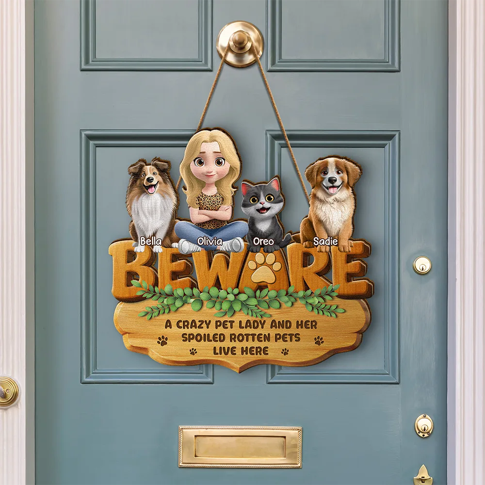 3D Effect A Crazy Dog Cat Lady And Her Spoiled Rotten Dogs Cats - Personalized Custom Shaped Wood Sign - Image 3