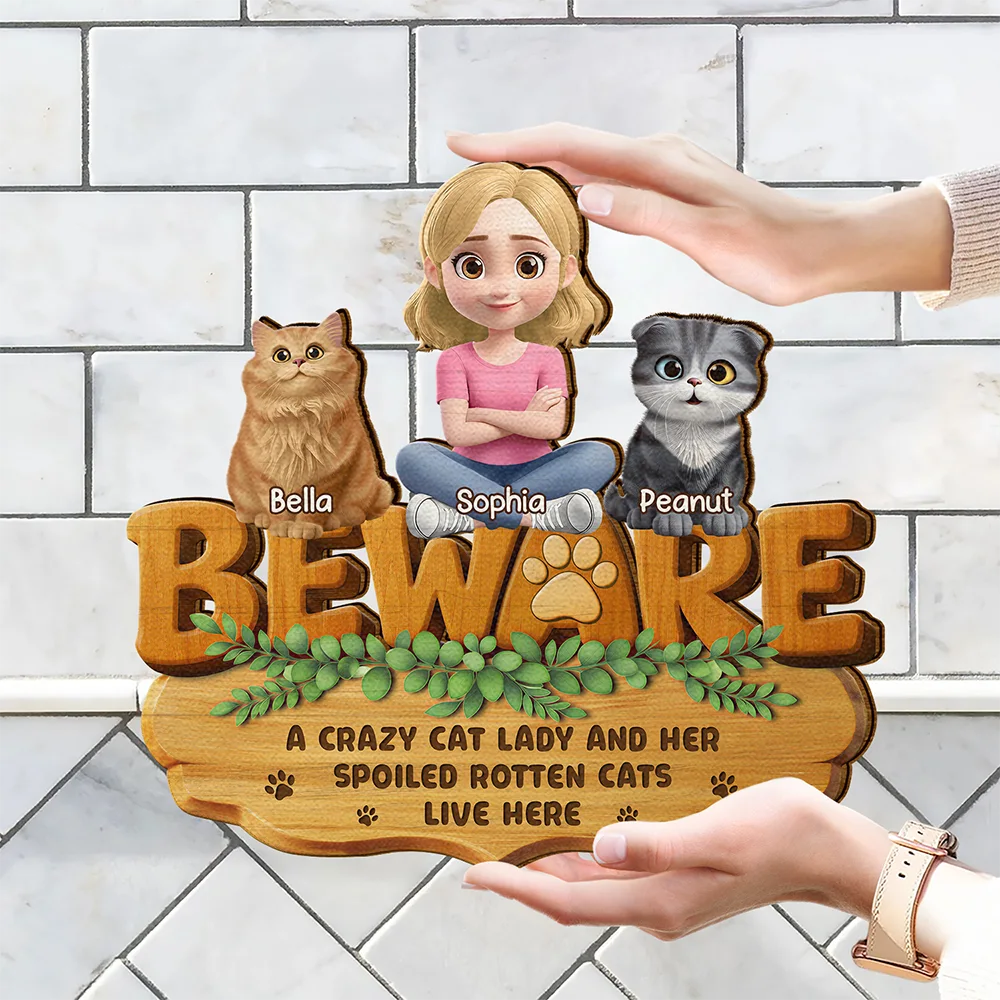 3D Effect A Crazy Dog Cat Lady And Her Spoiled Rotten Dogs Cats - Personalized Custom Shaped Wood Sign - Image 4