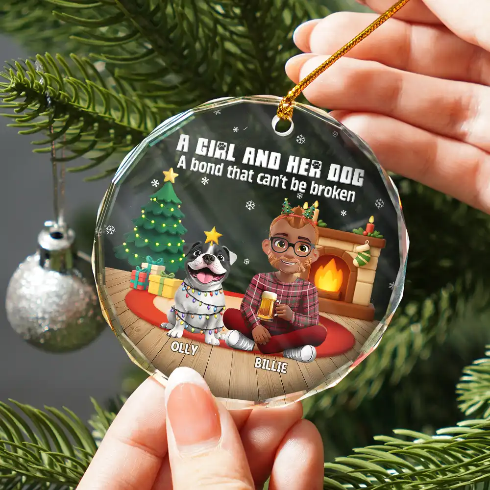 3D Effect A Girl And Her Dog - Personalized Circle Glass Ornament - Image 2