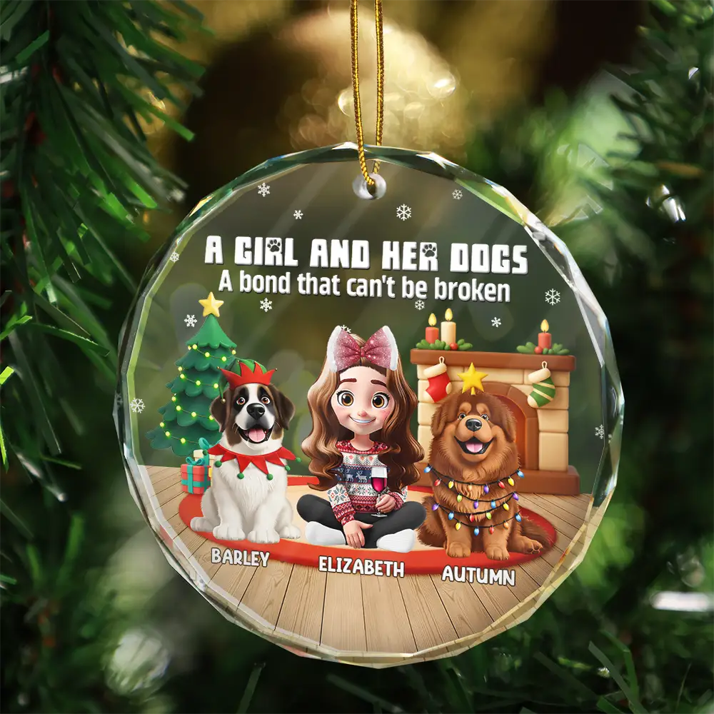 3D Effect A Girl And Her Dog - Personalized Circle Glass Ornament - Image 3