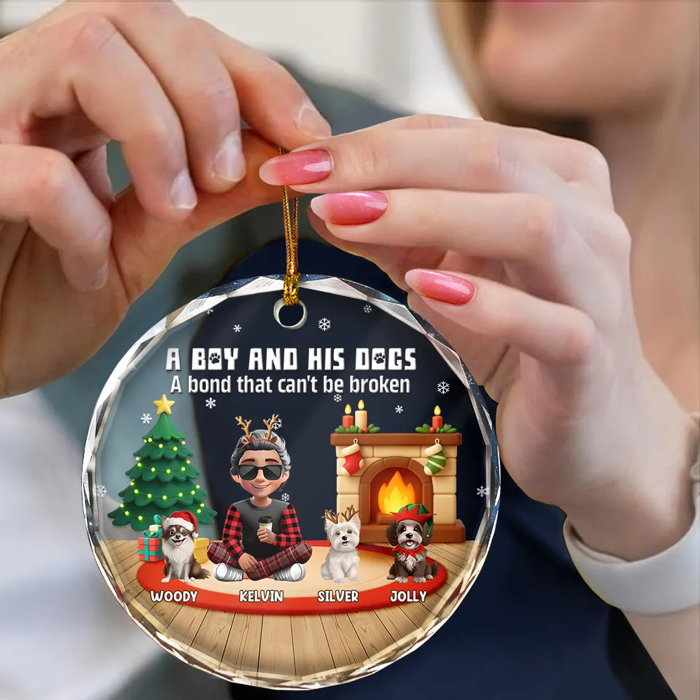 3D Effect A Girl And Her Dog - Personalized Circle Glass Ornament - Image 4