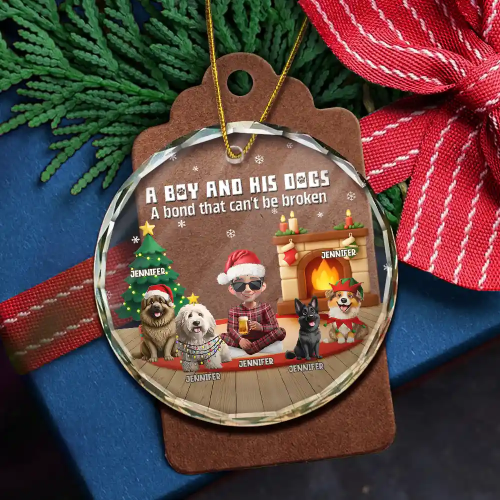 3D Effect A Girl And Her Dog - Personalized Circle Glass Ornament - Image 5