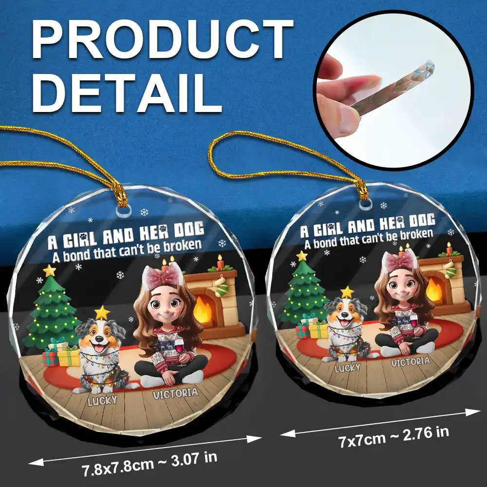 3D Effect A Girl And Her Dog - Personalized Circle Glass Ornament - Image 6
