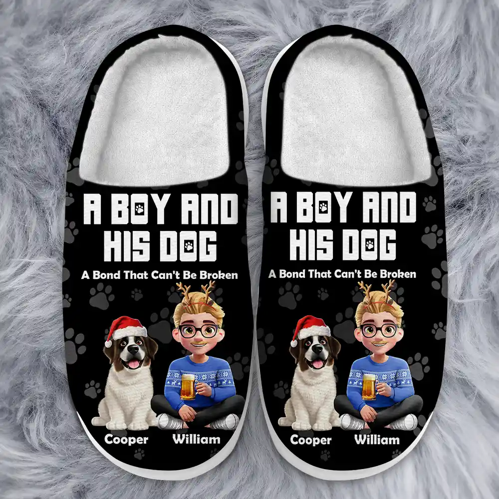 3D Effect A Girl And Her Dog - Personalized Fluffy Slippers - Image 2