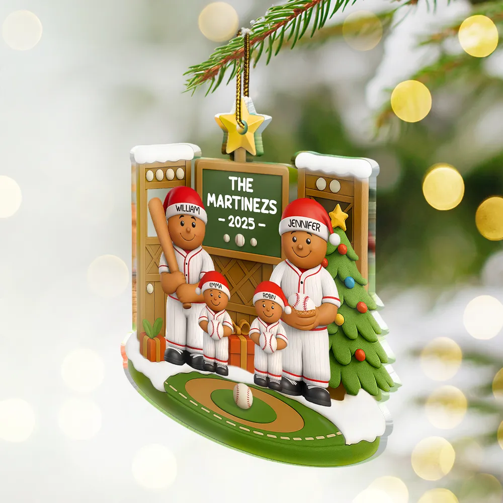 3D Effect Baseball Gingerbread Family On Field - Personalized Custom Shaped Acrylic Ornament - Image 2
