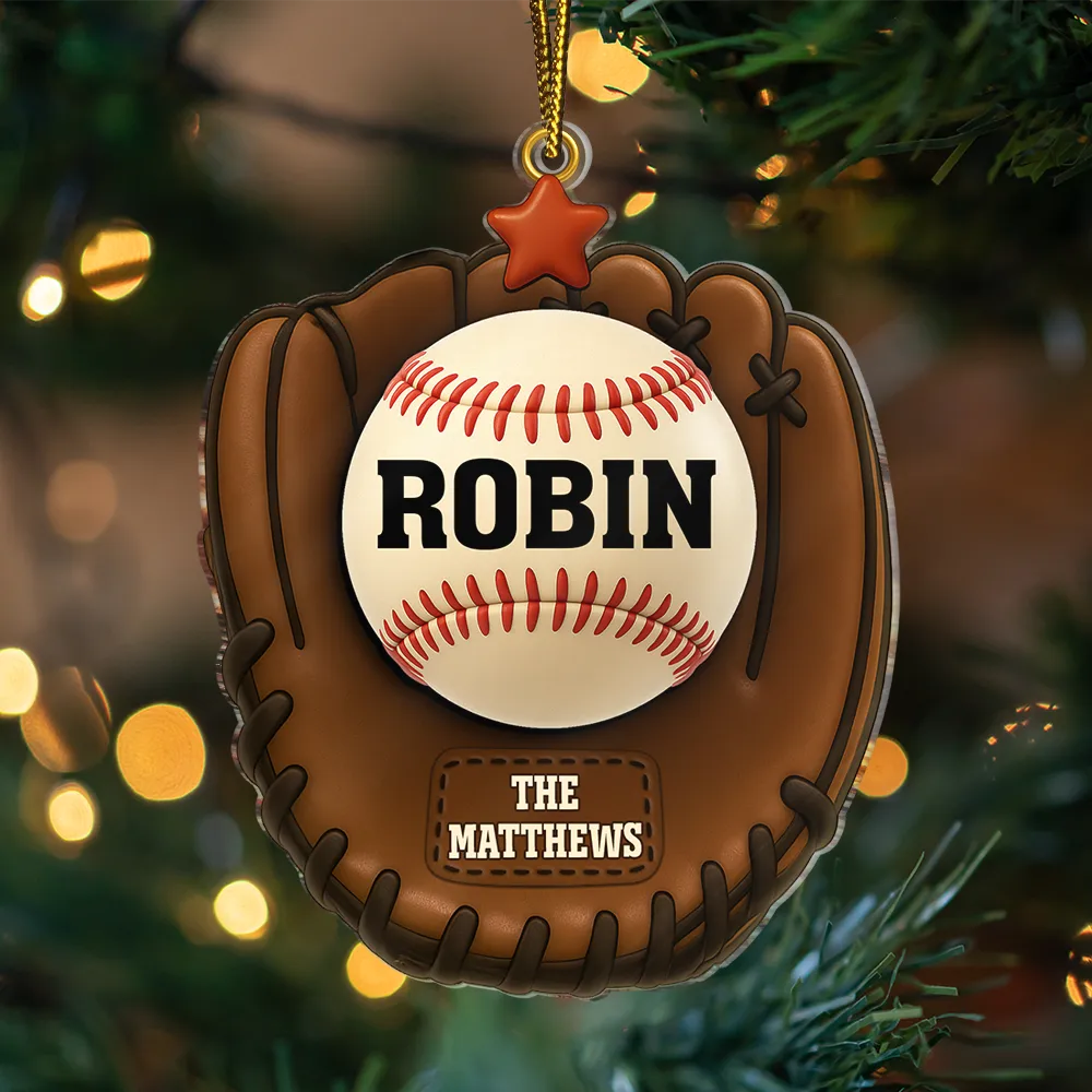 3D Effect Baseball Gloves Family Members' Names - Personalized Custom Shaped Acrylic Ornament - Image 3