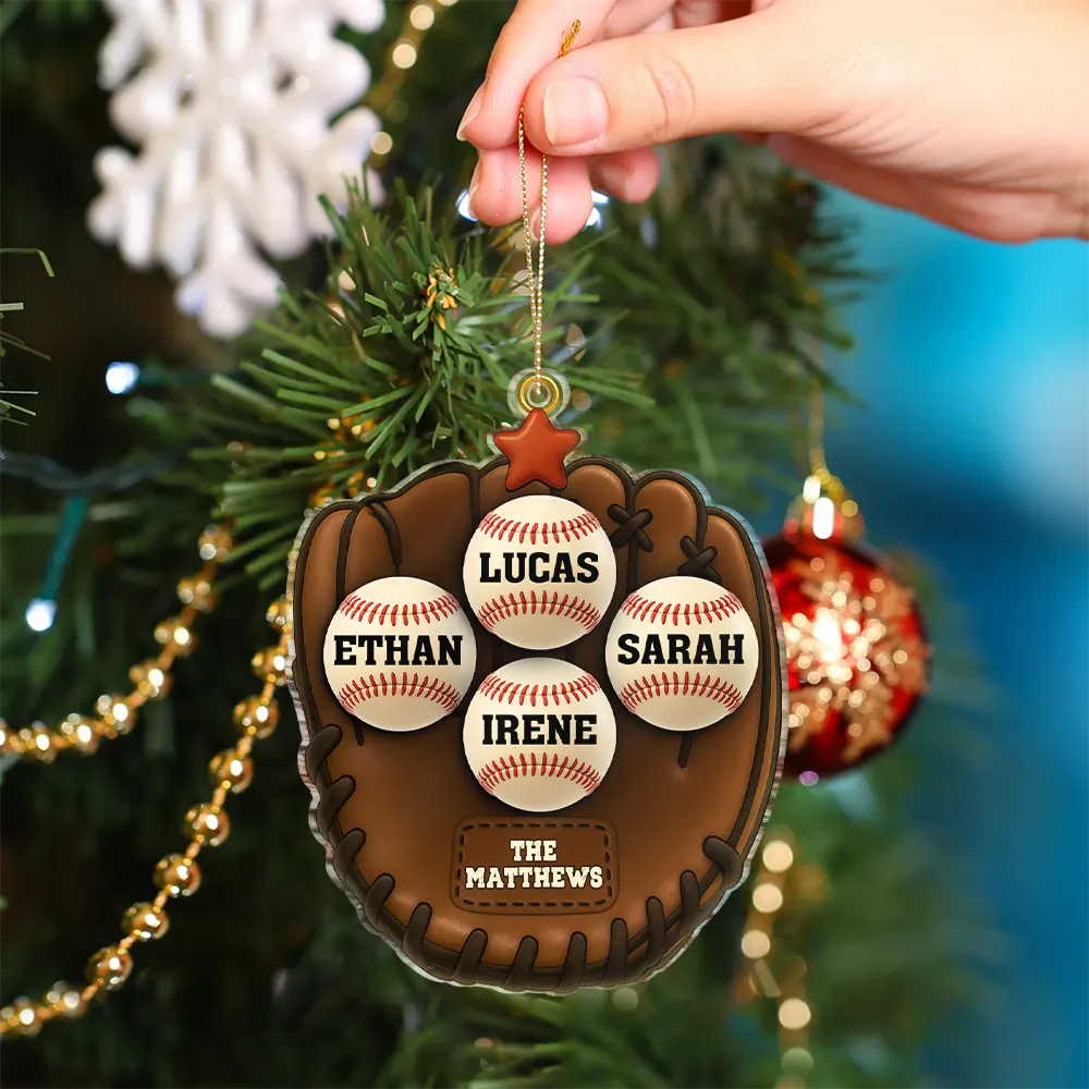 3D Effect Baseball Gloves Family Members' Names - Personalized Custom Shaped Acrylic Ornament - Image 4