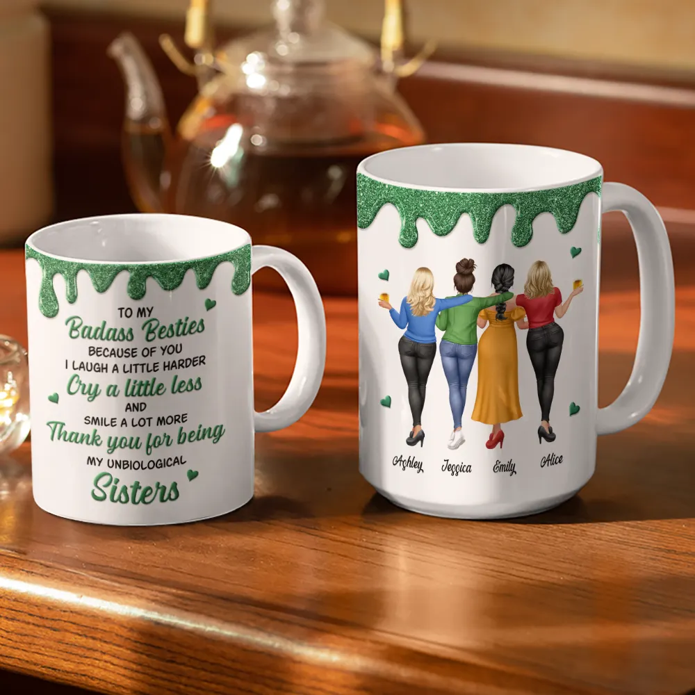 3D Effect Besties Thank You For Being My Unbiological Sister - Personalized White Edge-to-Edge Mug - Image 3