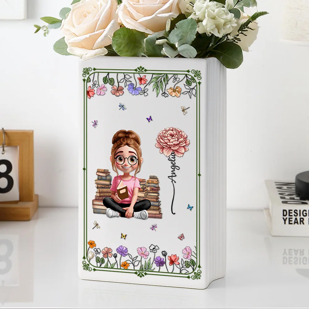 3D Effect Book Lovers Sitting With Birth Flowers - Personalized Ceramic Book Vase - Image 6