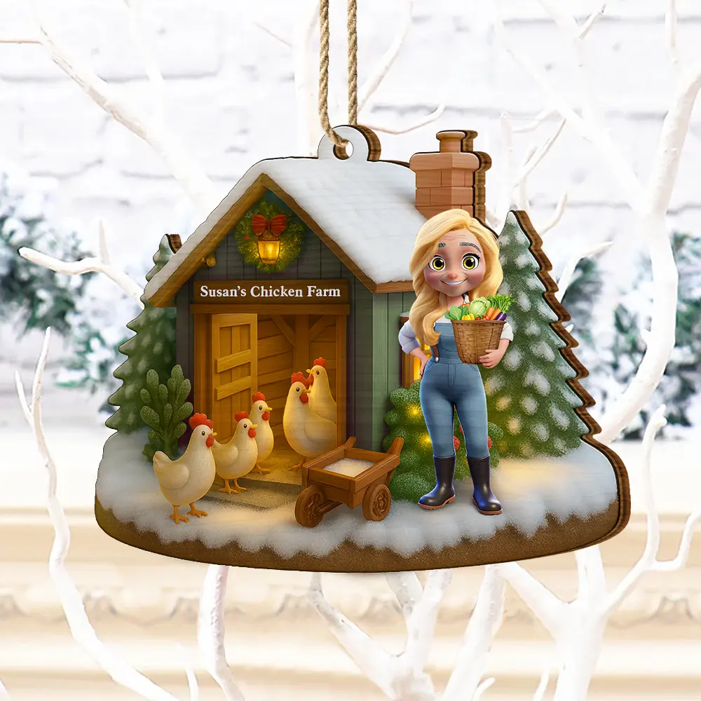 3D Effect Christmas Chicken Farm - Personalized Custom Shaped Wooden Ornament - Image 4