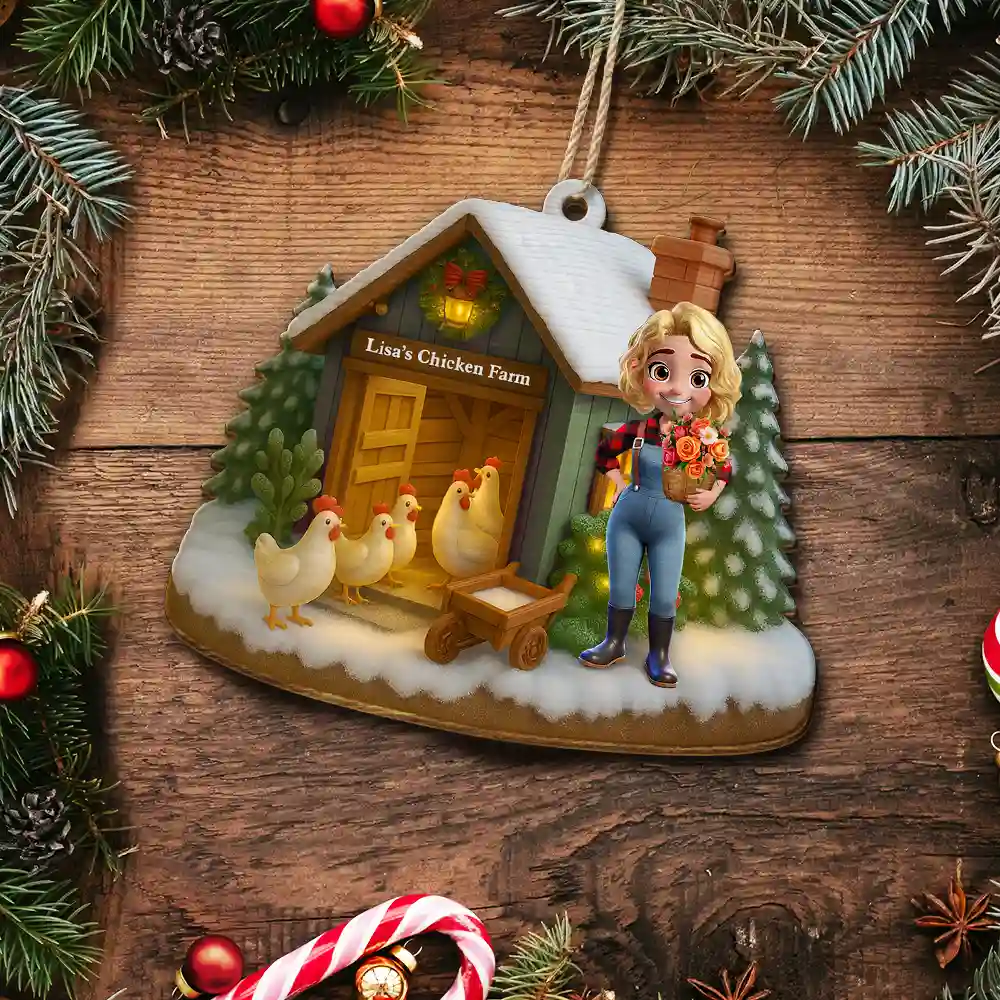 3D Effect Christmas Chicken Farm - Personalized Custom Shaped Wooden Ornament - Image 5