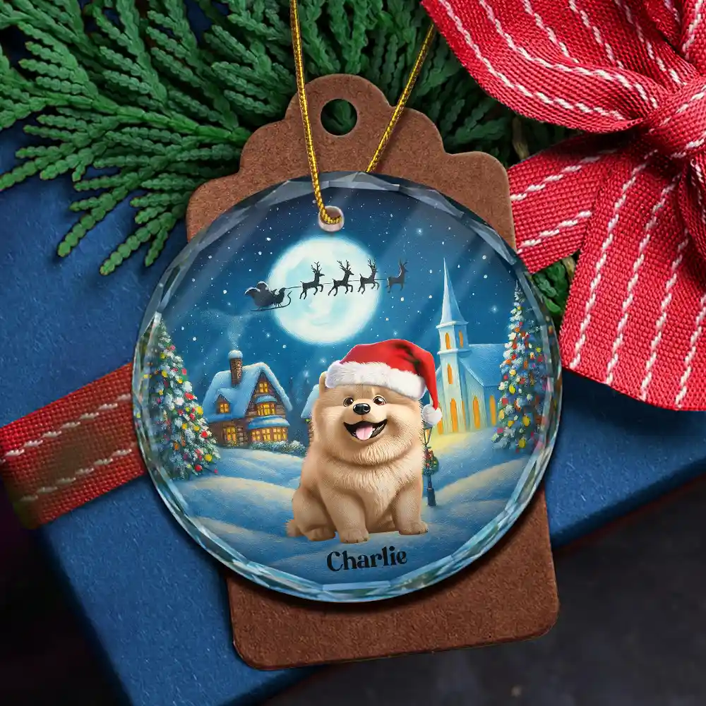 3D Effect Christmas Dog Merry Woofmas - Personalized Circle Glass Ornament - Image 5