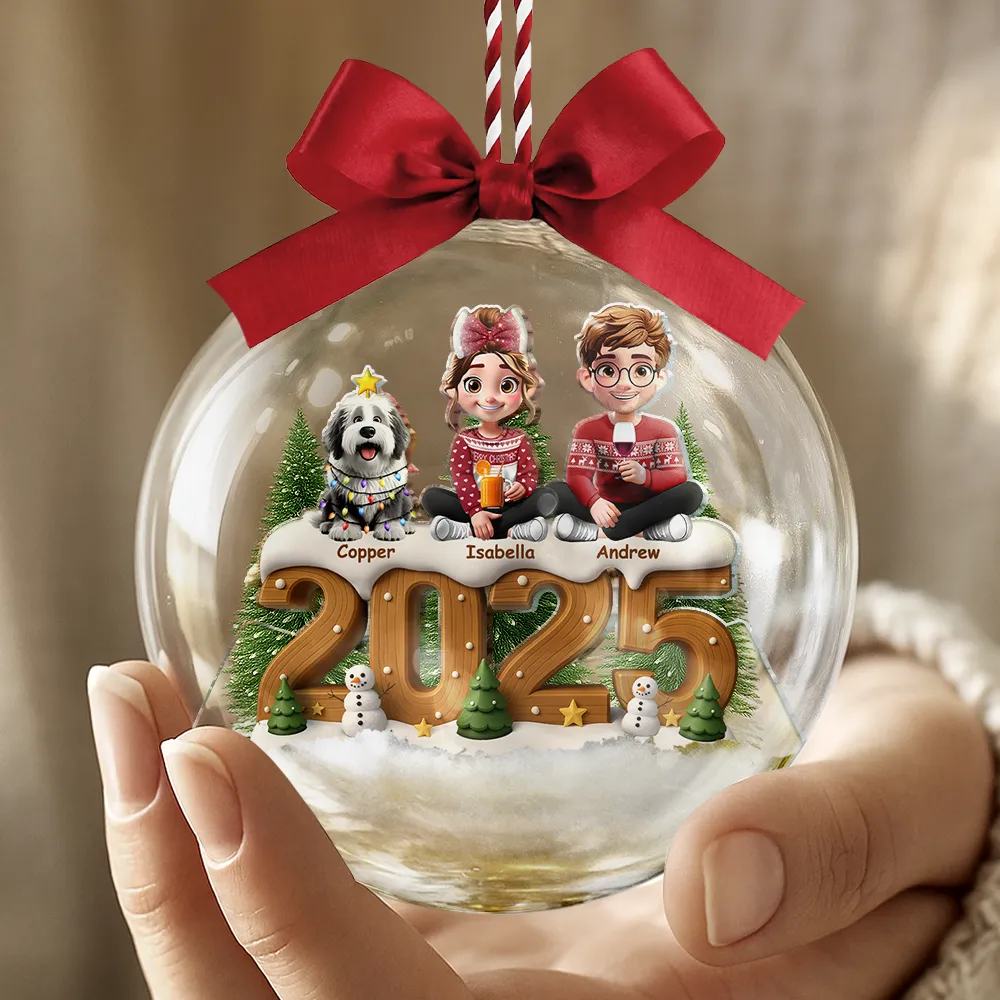 3D Effect Christmas Family And Dog Cat - Personalized 3D Acrylic Ball Ornament - Image 4