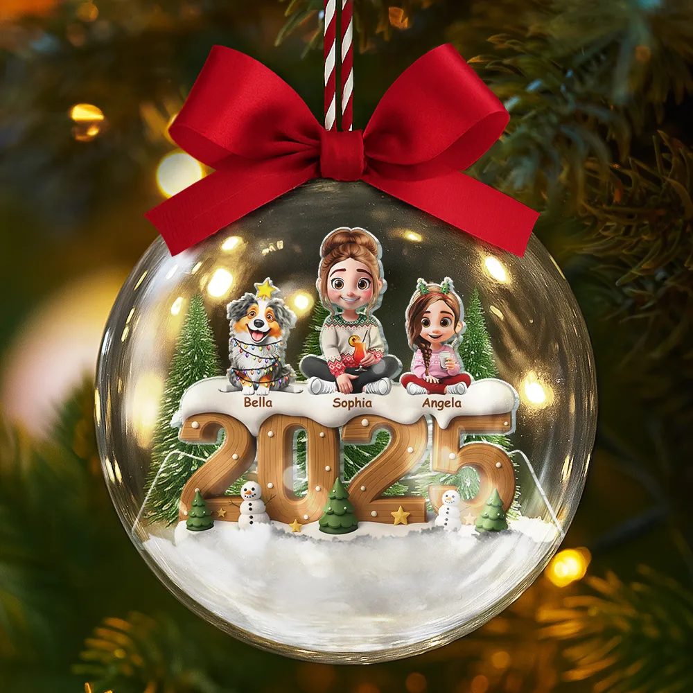 3D Effect Christmas Family And Dog Cat - Personalized 3D Acrylic Ball Ornament - Image 5