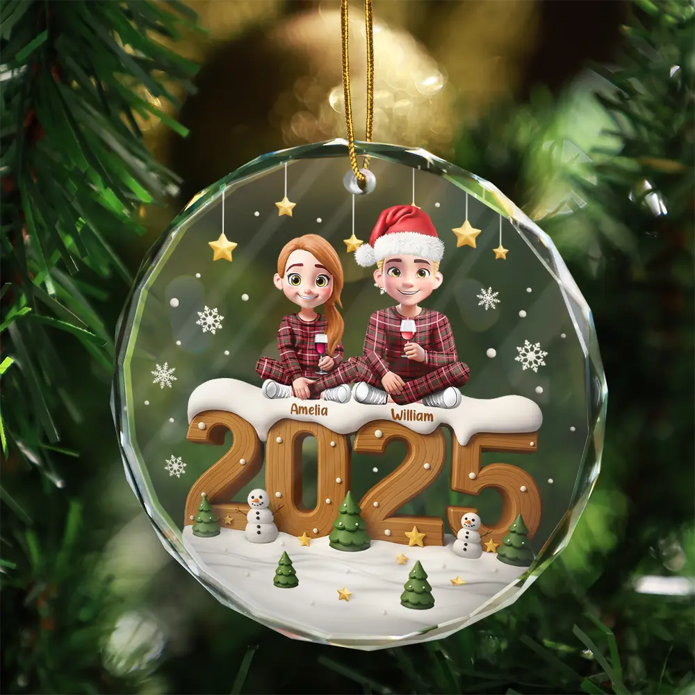3D Effect Christmas Family And Dog Cat - Personalized Circle Glass Ornament - Image 3