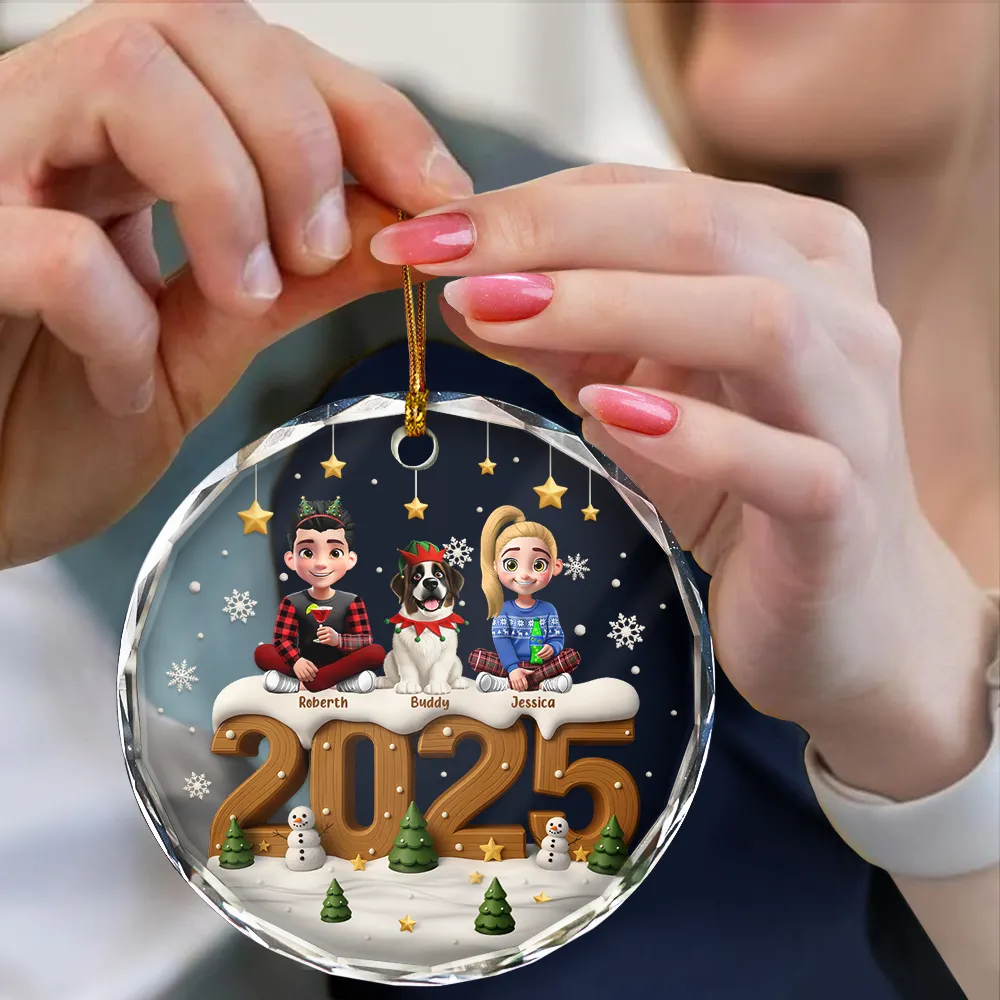 3D Effect Christmas Family And Dog Cat - Personalized Circle Glass Ornament - Image 4