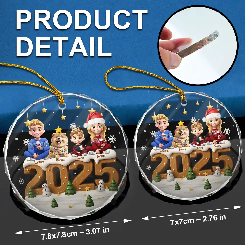3D Effect Christmas Family And Dog Cat - Personalized Circle Glass Ornament - Image 6