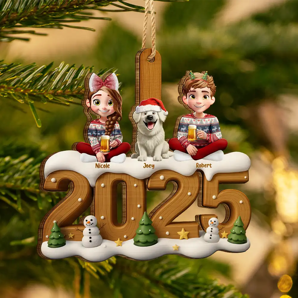 3D Effect Christmas Family And Dog Cat - Personalized Custom Shaped Wooden Ornament - Image 6