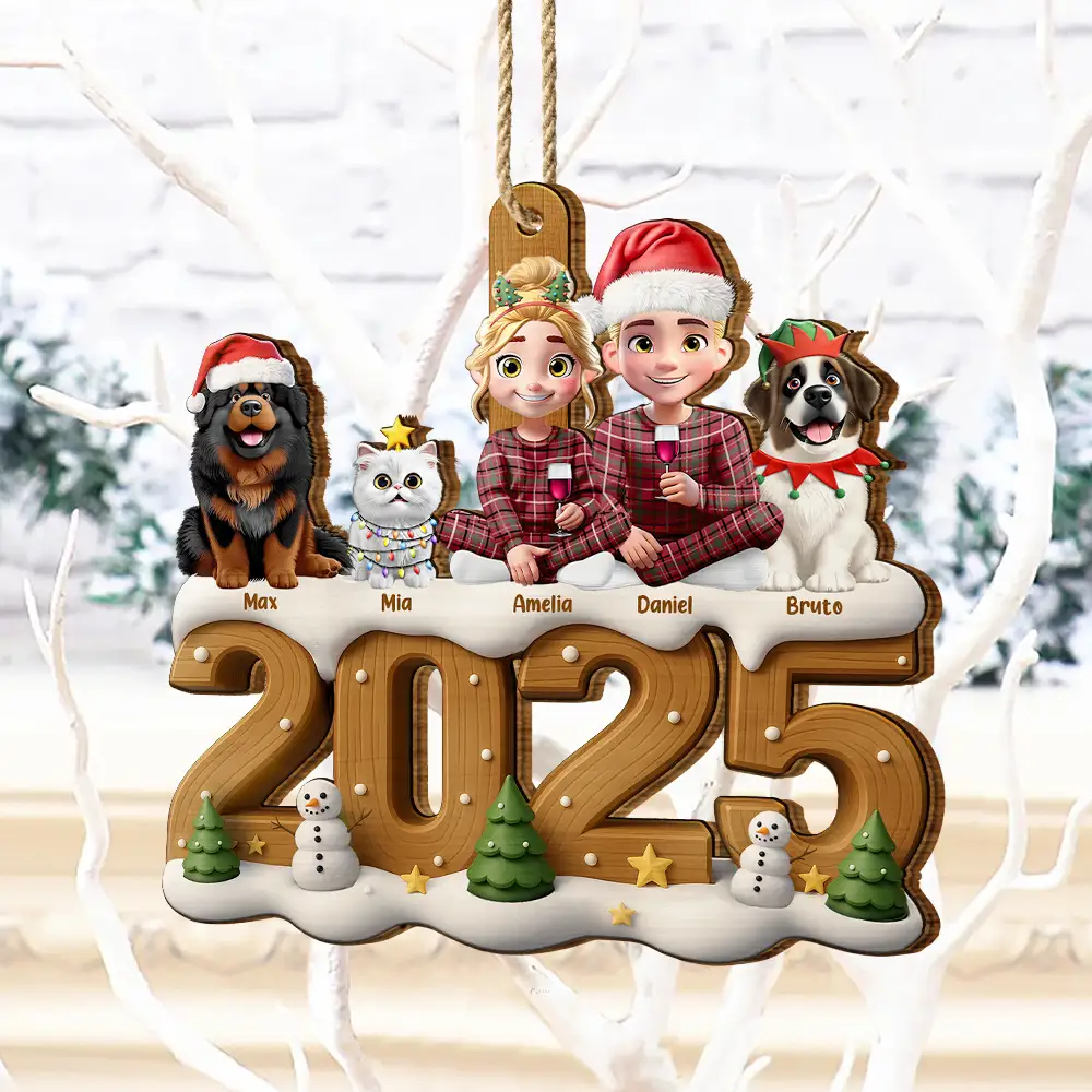 3D Effect Christmas Family And Dog Cat - Personalized Custom Shaped Wooden Ornament - Image 7