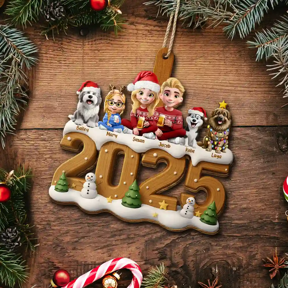 3D Effect Christmas Family And Dog Cat - Personalized Custom Shaped Wooden Ornament - Image 8