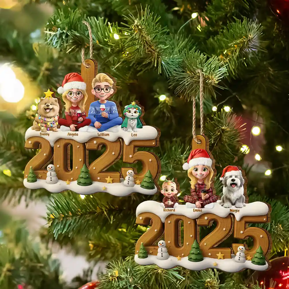 3D Effect Christmas Family And Dog Cat - Personalized Custom Shaped Wooden Ornament - Image 9