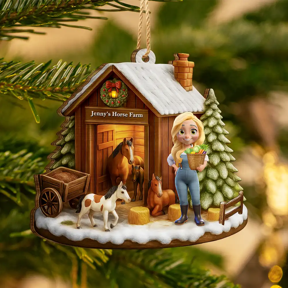 3D Effect Christmas Horse Farm - Personalized Custom Shaped Wooden Ornament - Image 3