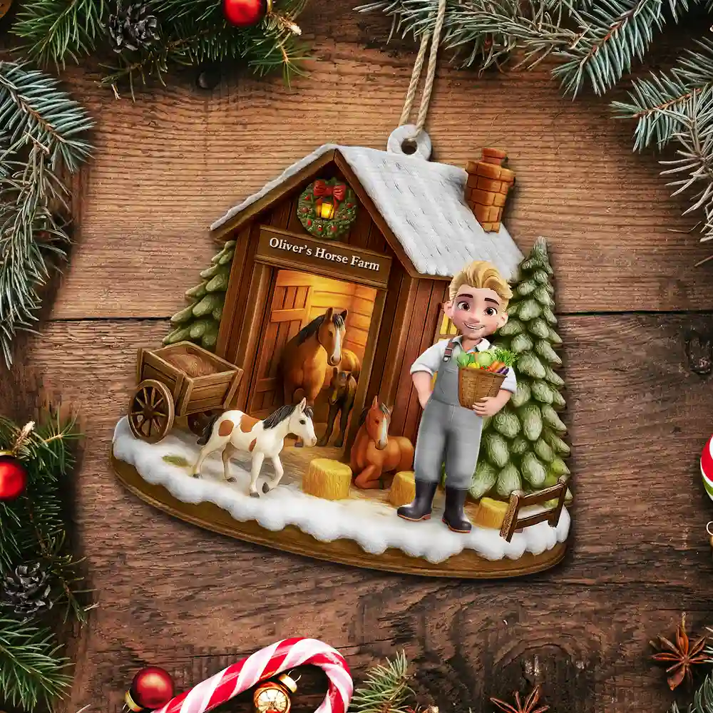 3D Effect Christmas Horse Farm - Personalized Custom Shaped Wooden Ornament - Image 5