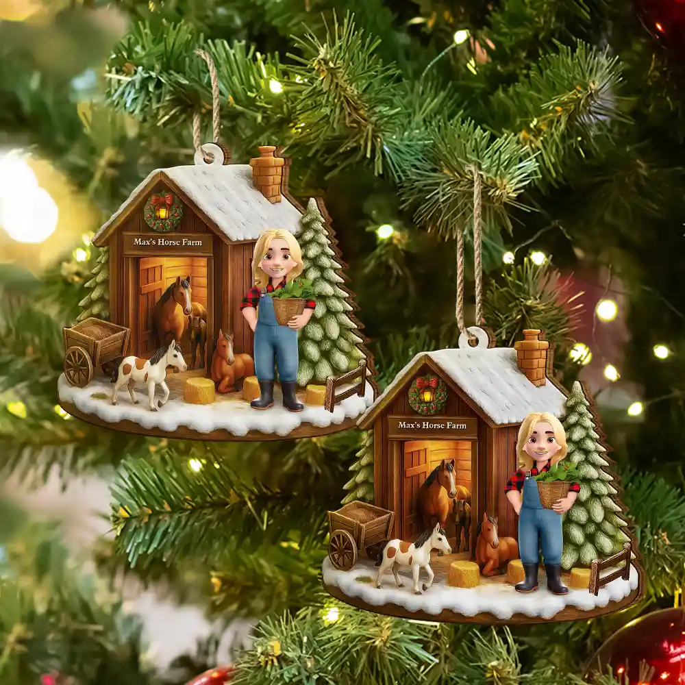 3D Effect Christmas Horse Farm - Personalized Custom Shaped Wooden Ornament - Image 6