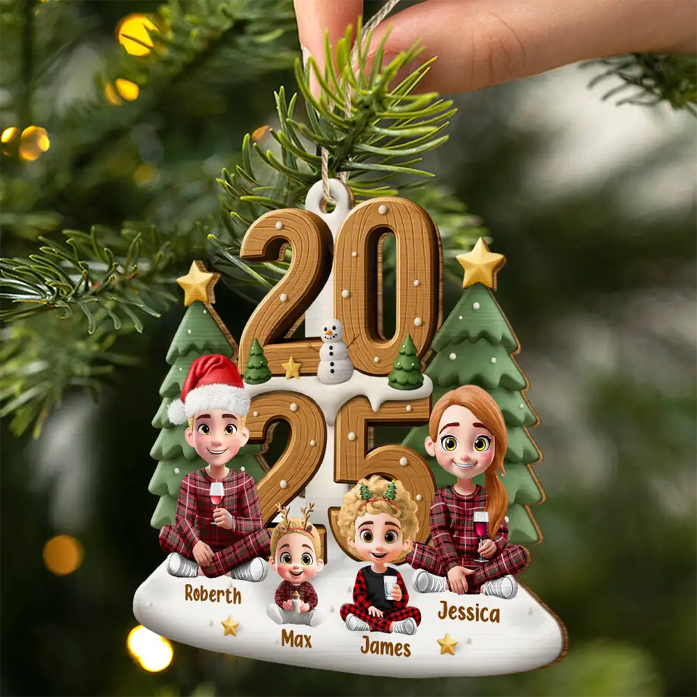3D Effect Christmas Sitting Family - Personalized Custom Shaped Wooden Ornament - Image 2