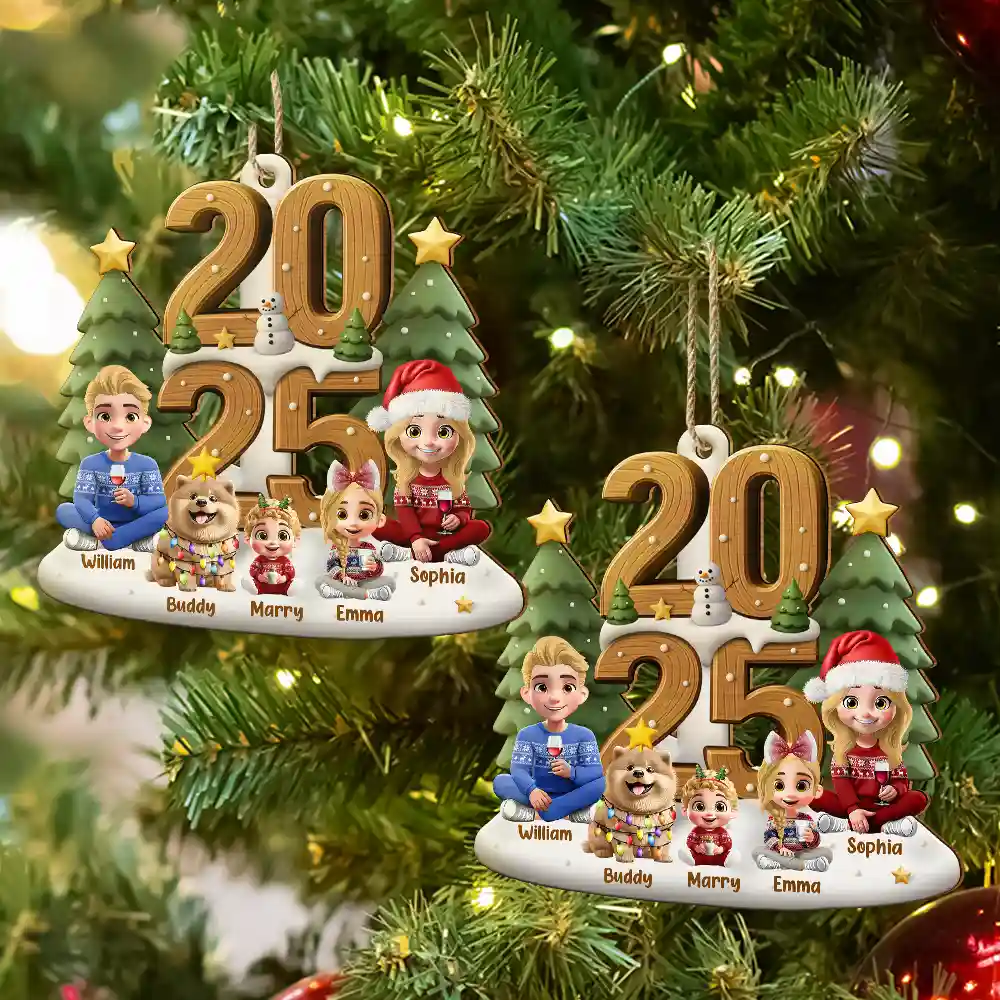 3D Effect Christmas Sitting Family - Personalized Custom Shaped Wooden Ornament - Image 6