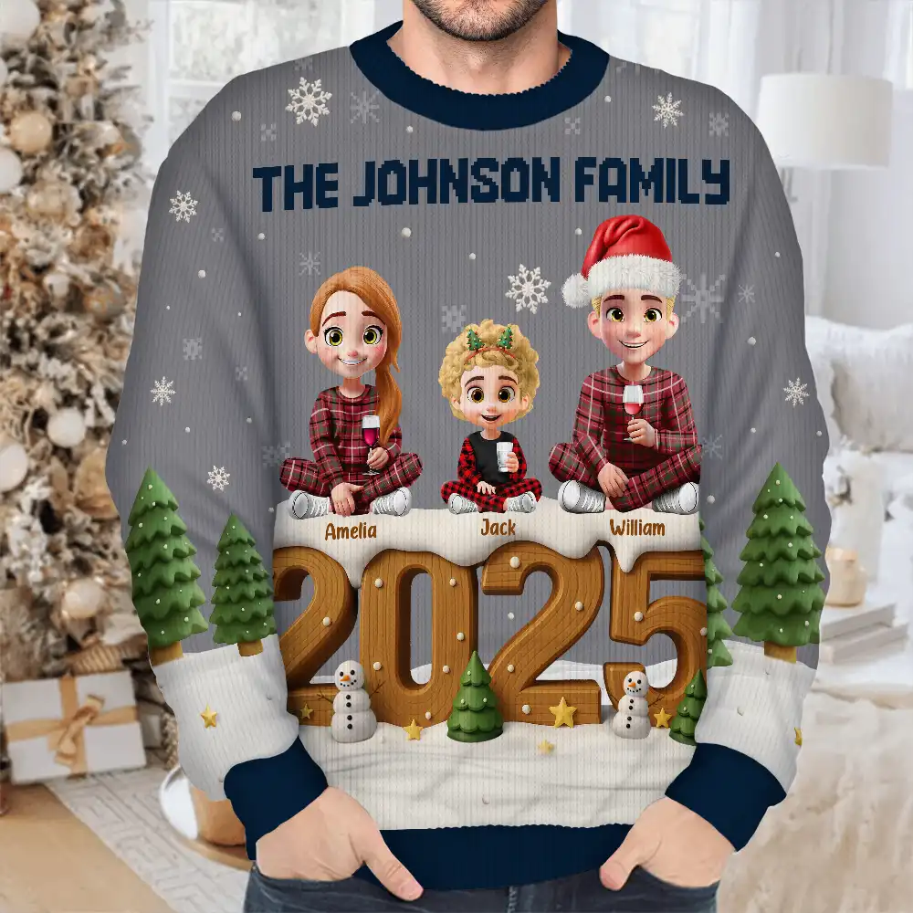 3D Effect Christmas Sitting Family - Personalized Unisex Ugly Sweater - Image 4