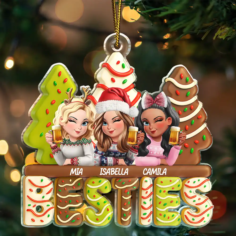 3D Effect Christmas Tree Cake Besties Sisters - Personalized Custom Shaped Acrylic Ornament - Image 3