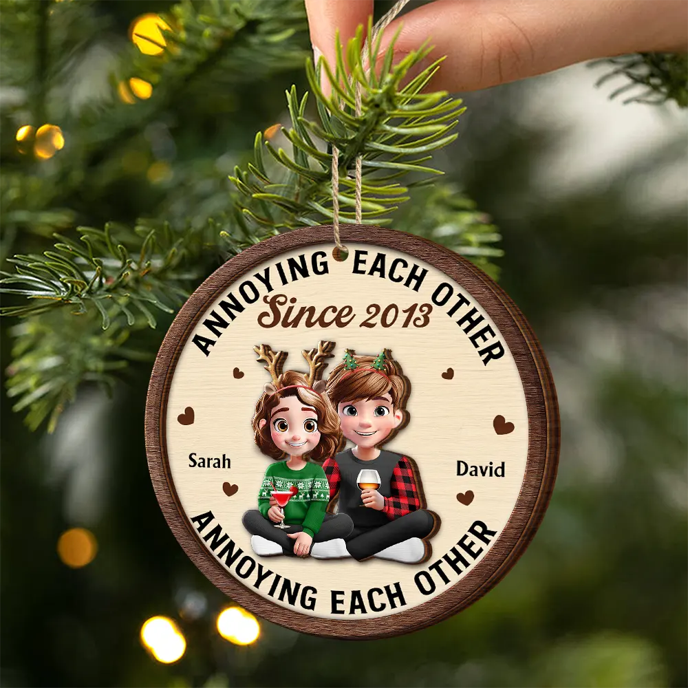 3D Effect Couple Annoying Each Other - Personalized 2-Layered Wooden Ornament - Image 3