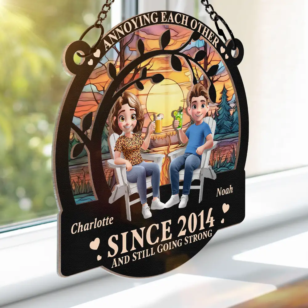 3D Effect Couple Annoying Each Other - Personalized Window Hanging Suncatcher Ornament - Image 4