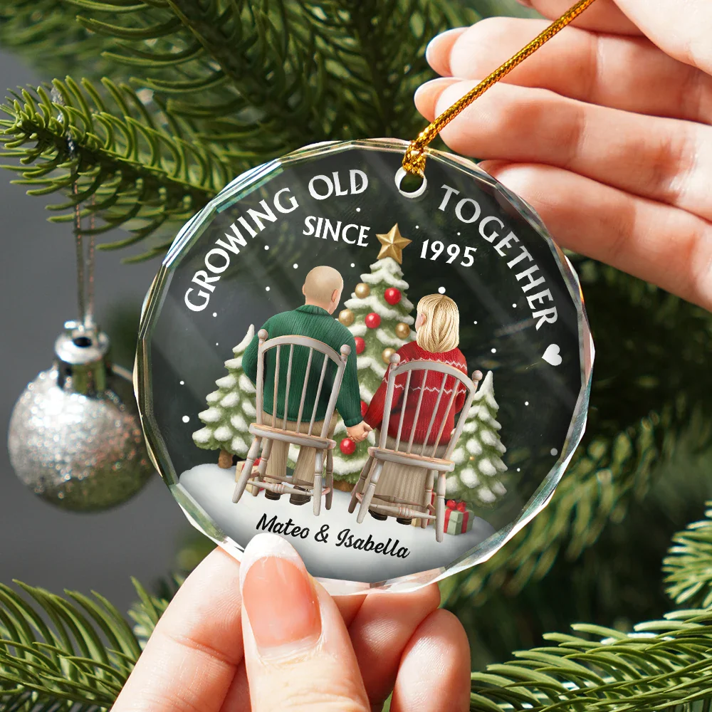 3D Effect Couple Growing Old Together - Personalized Circle Glass Ornament - Image 2