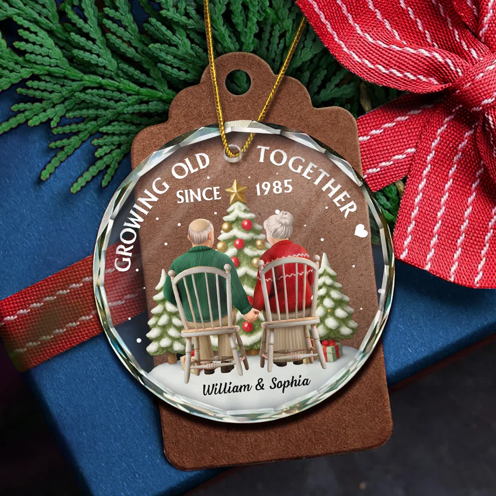 3D Effect Couple Growing Old Together - Personalized Circle Glass Ornament - Image 5