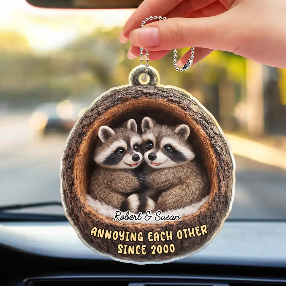 3D Effect Couple Raccoon Annoying Each Other - Personalized Acrylic Car Hanger - Image 3