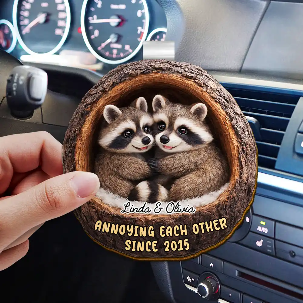 3D Effect Couple Raccoon Annoying Each Other - Personalized Custom Shaped Car Visor Clip - Image 3