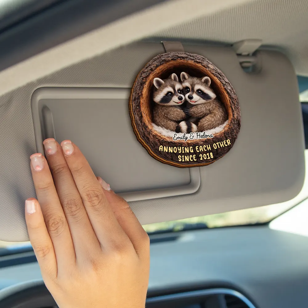 3D Effect Couple Raccoon Annoying Each Other - Personalized Custom Shaped Car Visor Clip - Image 4